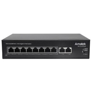Коммутатор Amatek AN-S10P8GA (L2, 10 портов: 8 PoE+ 100 Мб/с, 2 Uplink 1 Гбит/с, 120 Вт, Watchdog)